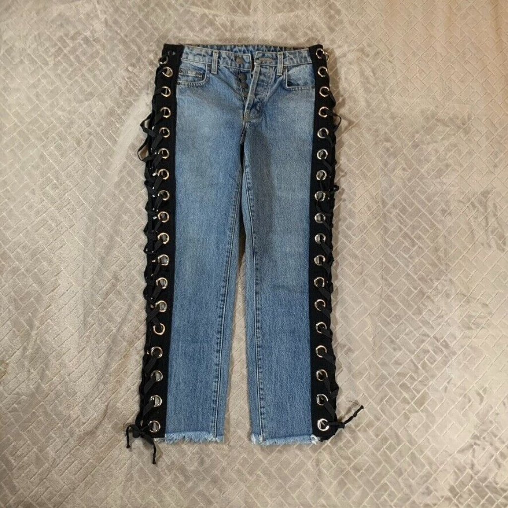 Carmar Womens 25 Denim Jeans Blue Straight Lace Up Sides Button Fly 100% Cotton